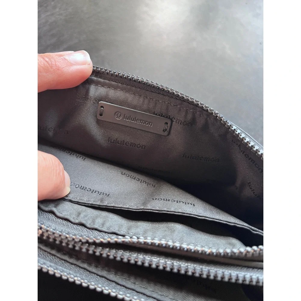 Lululemon Double Zip Wristlet Gray‎ Black Camo Print Travel Wallet Clutch Pouch